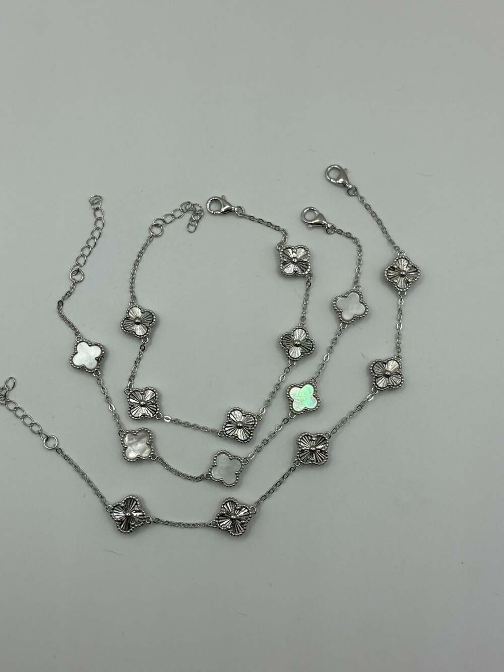 Lot of 3 925 Sterling Silver Irish inspired, Mother of Pearl Station Chain Brace
